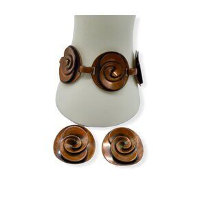 Copper Mid Century Modern Swirl Chain Link Bracelet Earring Set Wide Vintage